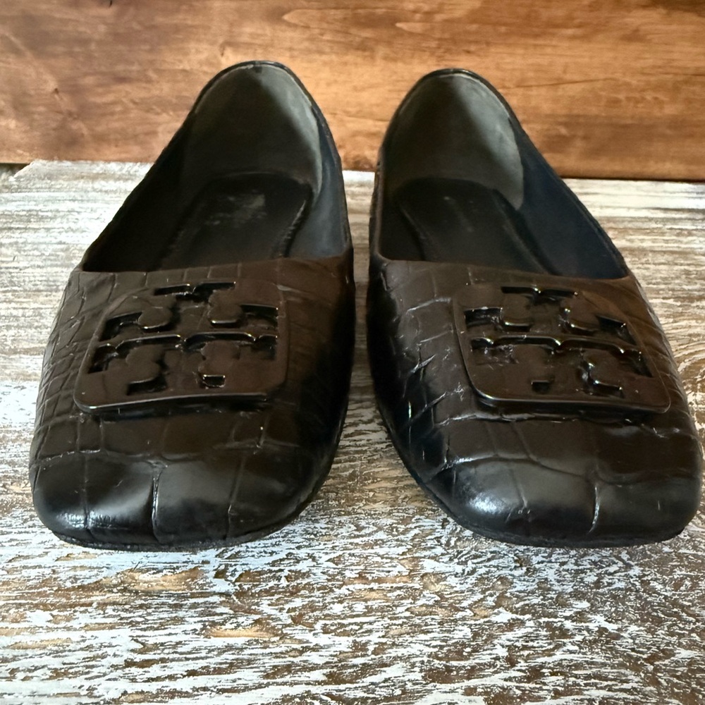 Tory Burch Perfect Blk Georgia Ballet Flats‎ Croc Patent Leather Square Toe 8.5 - Picture 2 of 10
